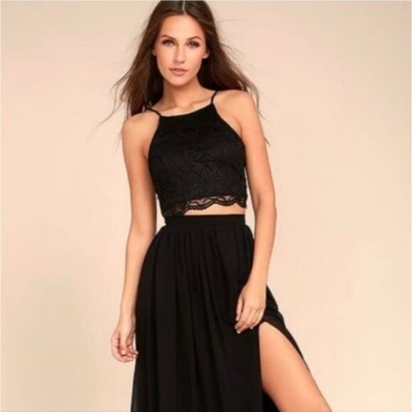 Lulus ✦ Black Lace Crop Top & Maxi Skirt Set ✦ High Slit Lace-Up Back Size S EUC - Picture 1 of 16